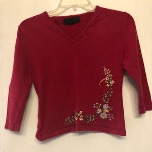 Express Red V-Neck Cardigan w/ Flowers